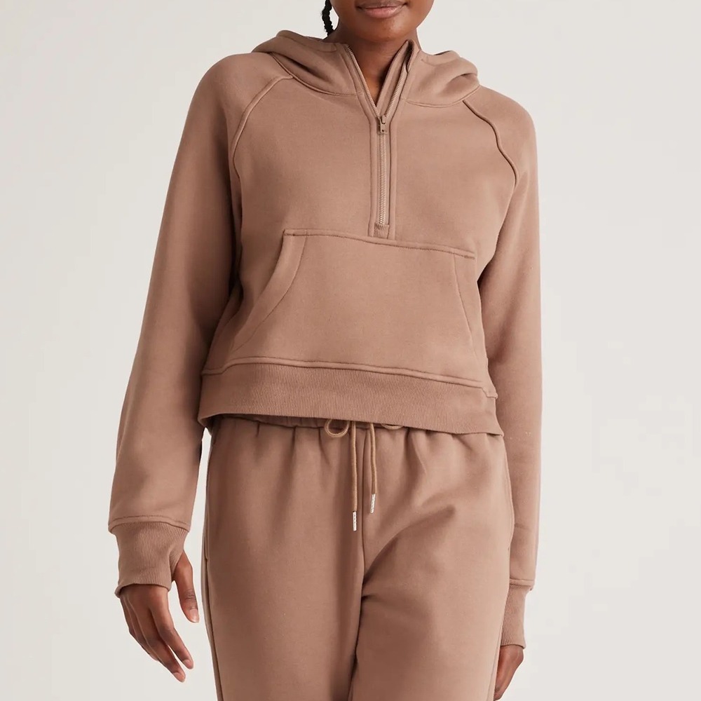 Quince Organic Heavyweight Fleece Cropped Half Zip‎ Hoodie in Taupe - XSmall